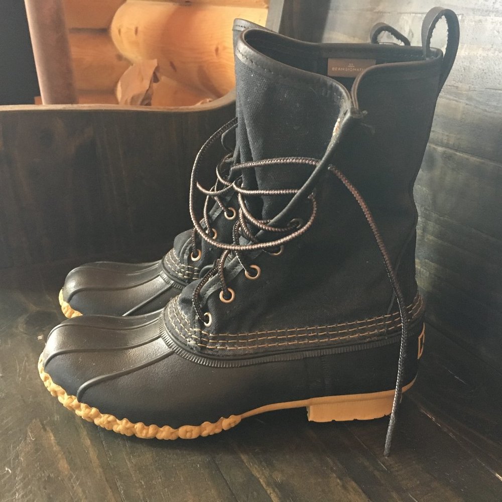 LL BEAN Waxed Canvas Boots Made in the USA Black & Tan Chain Soles 7 Fits 8 8.5